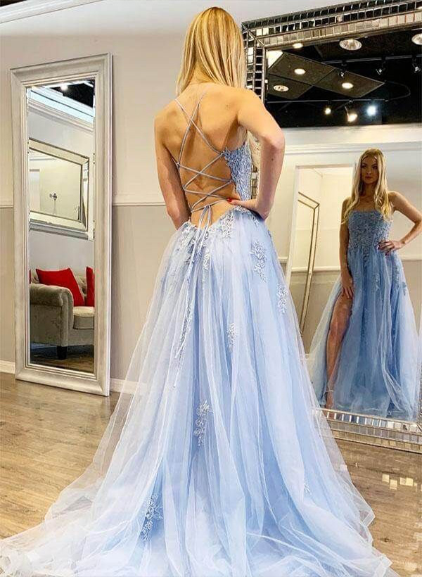 A-Line/Princess Tulle Halter Sleeveless Sweep Train Prom Dress With Split Front Appliques Lace