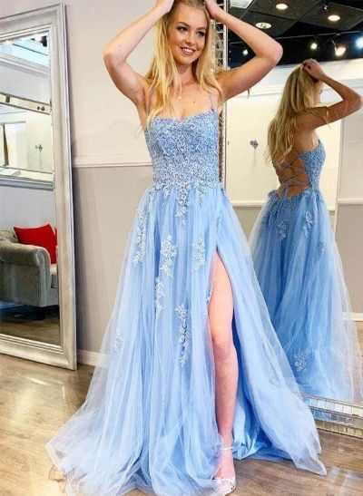A-Line/Princess Tulle Halter Sleeveless Sweep Train Prom Dress With Split Front Appliques Lace