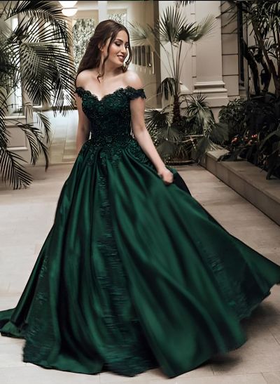 Ball Gown Off-the-Shoulder Sleeveless Floor-Length Lace Satin Prom Dress With Appliques Lace
