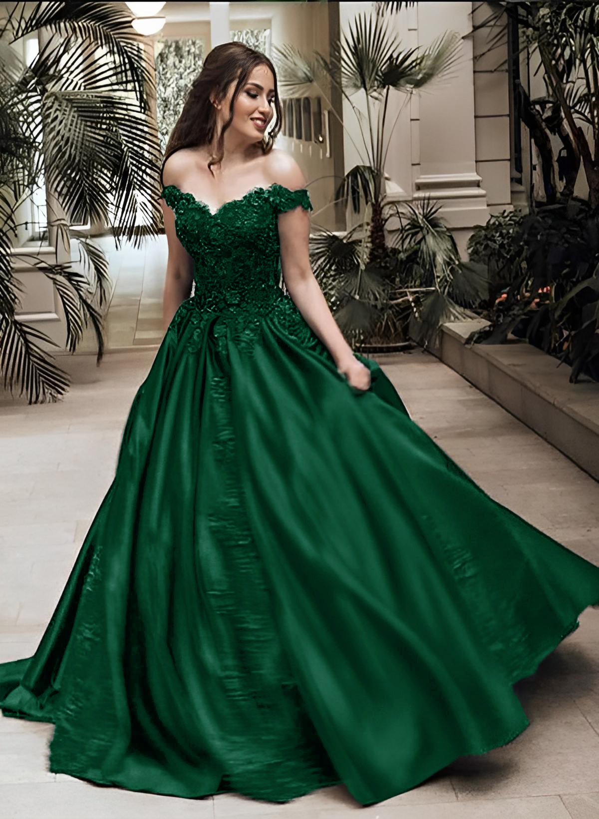 Ball Gown Off-The-Shoulder Sleeveless Floor-Length Lace Satin Prom Dress With Appliques Lace