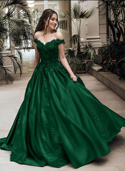 Ball Gown Off-The-Shoulder Sleeveless Floor-Length Lace Satin Prom Dress With Appliques Lace