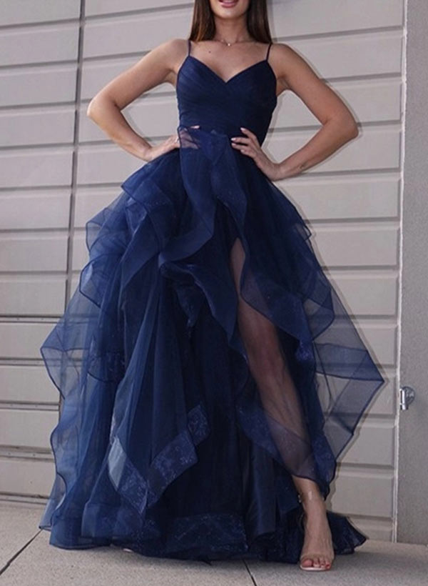 A-Line/Princess Tulle V-neck Sleeveless Floor-Length Prom Dress With Cascading Ruffles