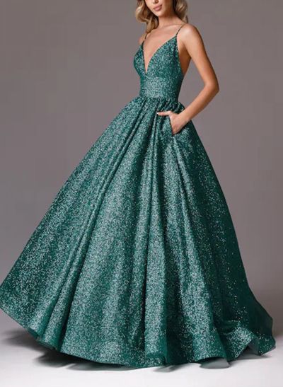 A-Line V-Neck Floor-Length Sequined Prom Dress With Pockets