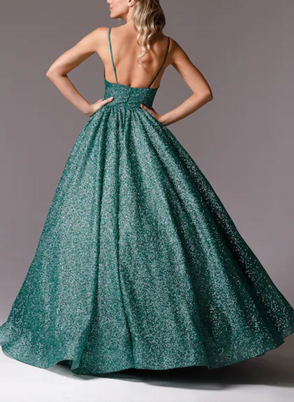 A-Line V-Neck Floor-Length Sequined Prom Dress With Pockets