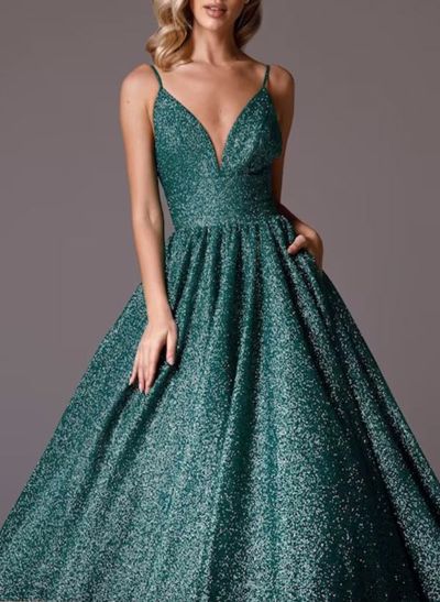 A-Line V-Neck Floor-Length Sequined Prom Dress With Pockets