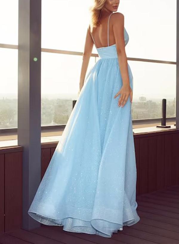 A-Line V-Neck Floor-Length Sequined Prom Dress With Pockets