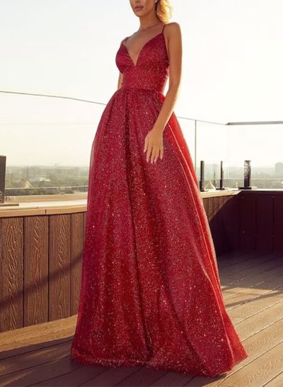 A-Line V-Neck Floor-Length Sequined Prom Dress With Pockets