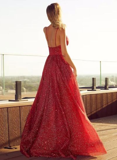 A-Line V-Neck Floor-Length Sequined Prom Dress With Pockets