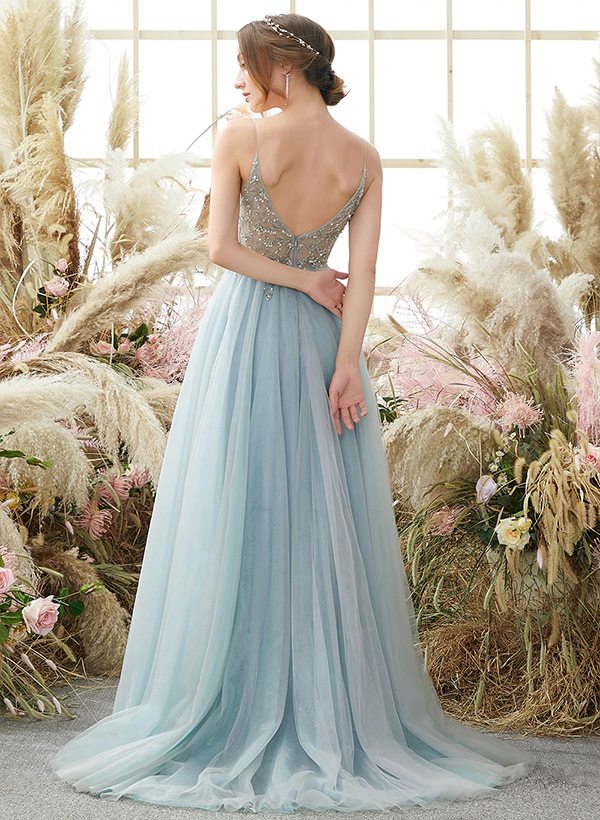 A-Line V-Neck Sleeveless Tulle Lace Floor-Length Prom Dress With Beading Split Front