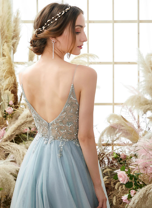A-Line V-Neck Sleeveless Tulle Lace Floor-Length Prom Dress/Evening Dress With Beading Split Front