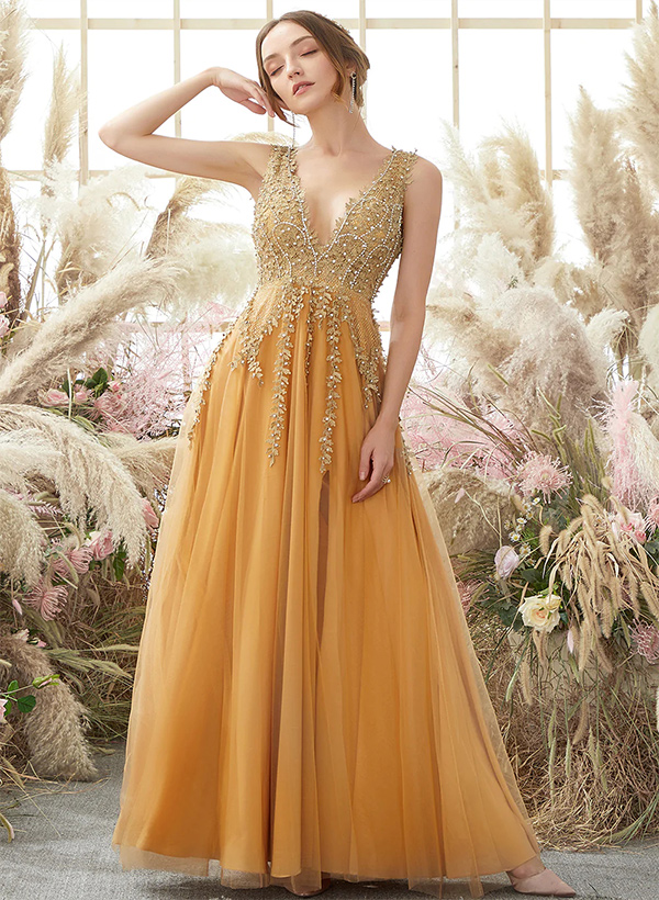 A-Line V-Neck Sleeveless Tulle Lace Floor-Length Prom Dress/Evening Dress With Lace Beading