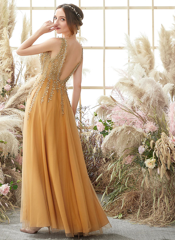 A-Line V-Neck Sleeveless Tulle Lace Floor-Length Prom Dress With Lace Beading