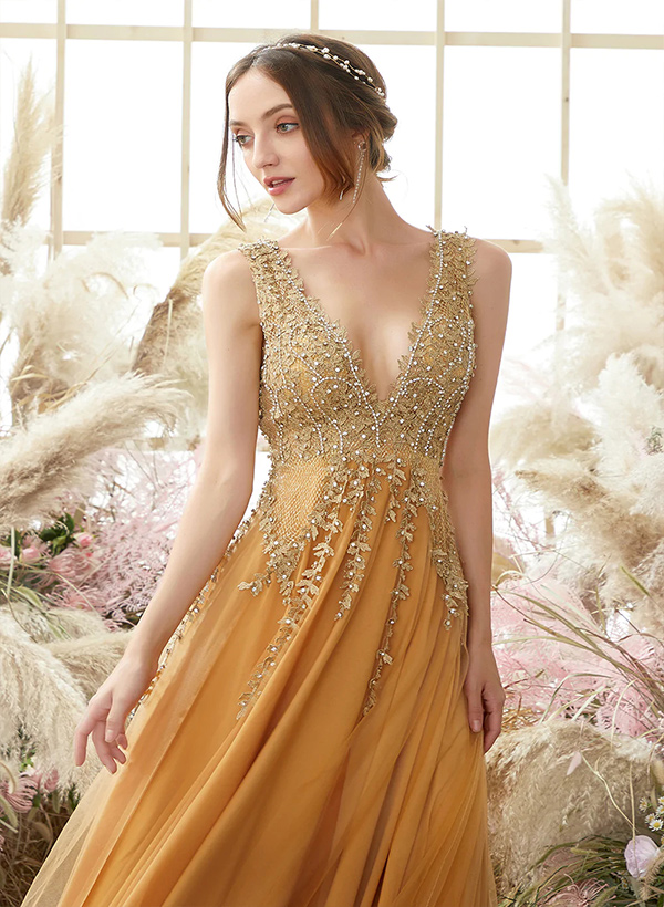 A-Line V-Neck Sleeveless Tulle Lace Floor-Length Prom Dress With Lace Beading