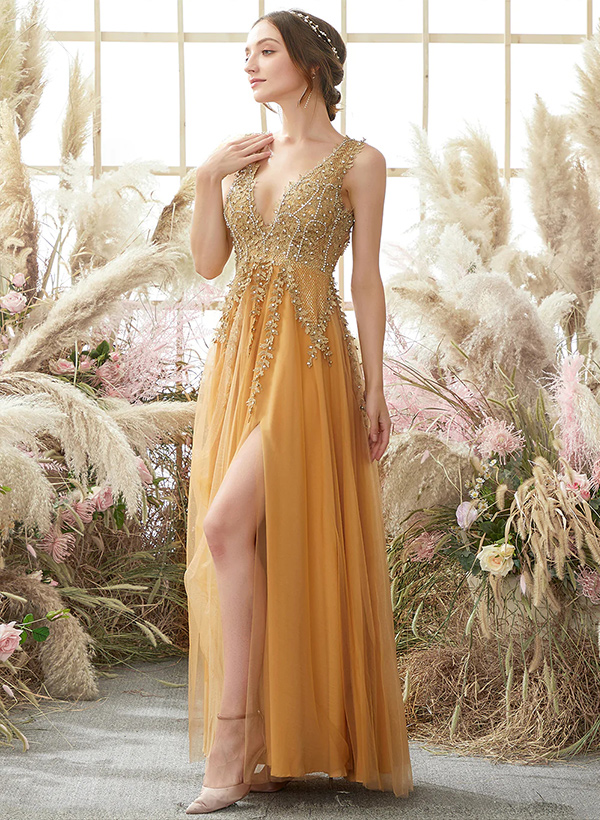 A-Line V-Neck Sleeveless Tulle Lace Floor-Length Prom Dress With Lace Beading