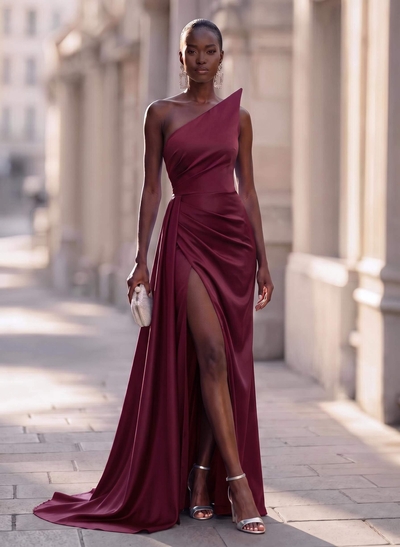 Strapless Sheath Charmeuse Prom Dress With Front Slit And Sweep Train