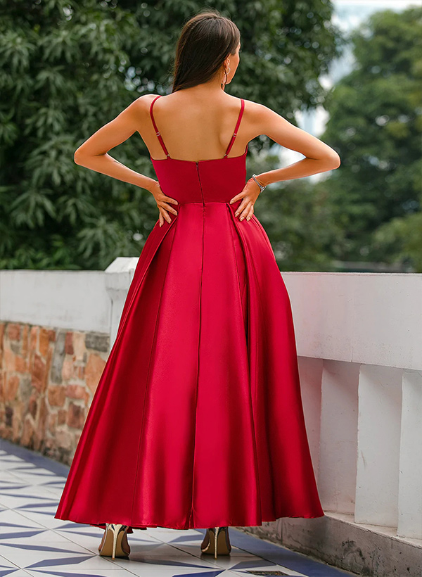 A-Line V-Neck Sleeveless Satin Floor-Length Prom Dress WIth Pleated