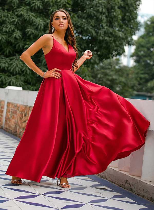 A-Line V-Neck Sleeveless Satin Floor-Length Prom Dress WIth Pleated