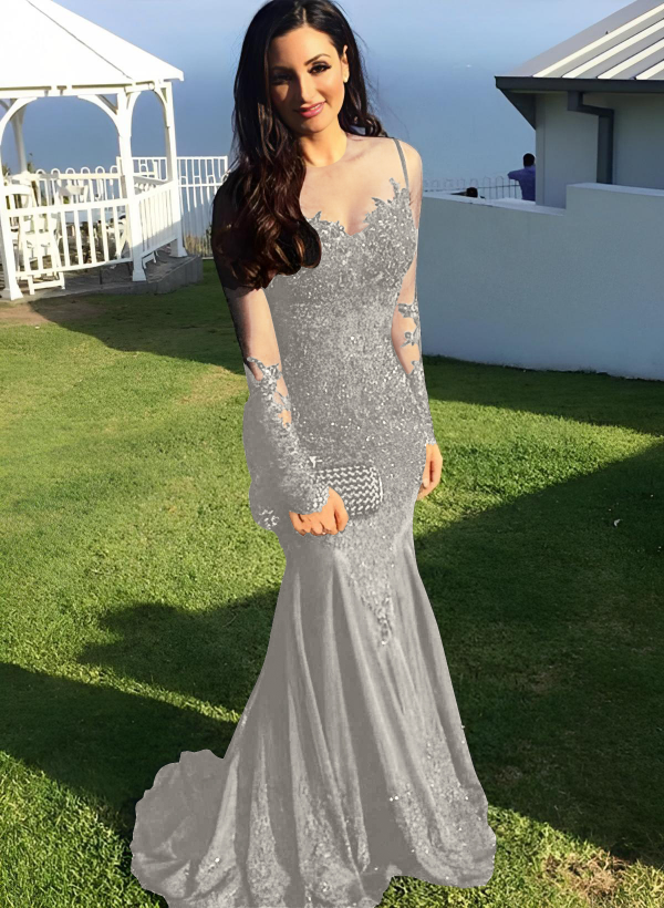 Trumpet/Mermaid Illusion Neck Sweep Train Prom Dresses With Appliques Lace