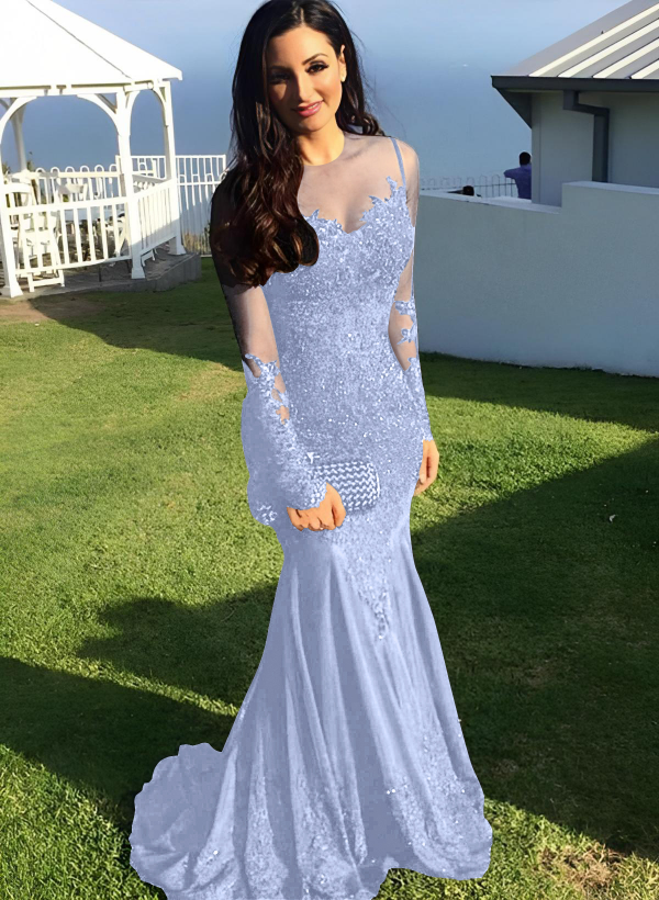Trumpet/Mermaid Illusion Neck Sweep Train Prom Dresses With Appliques Lace