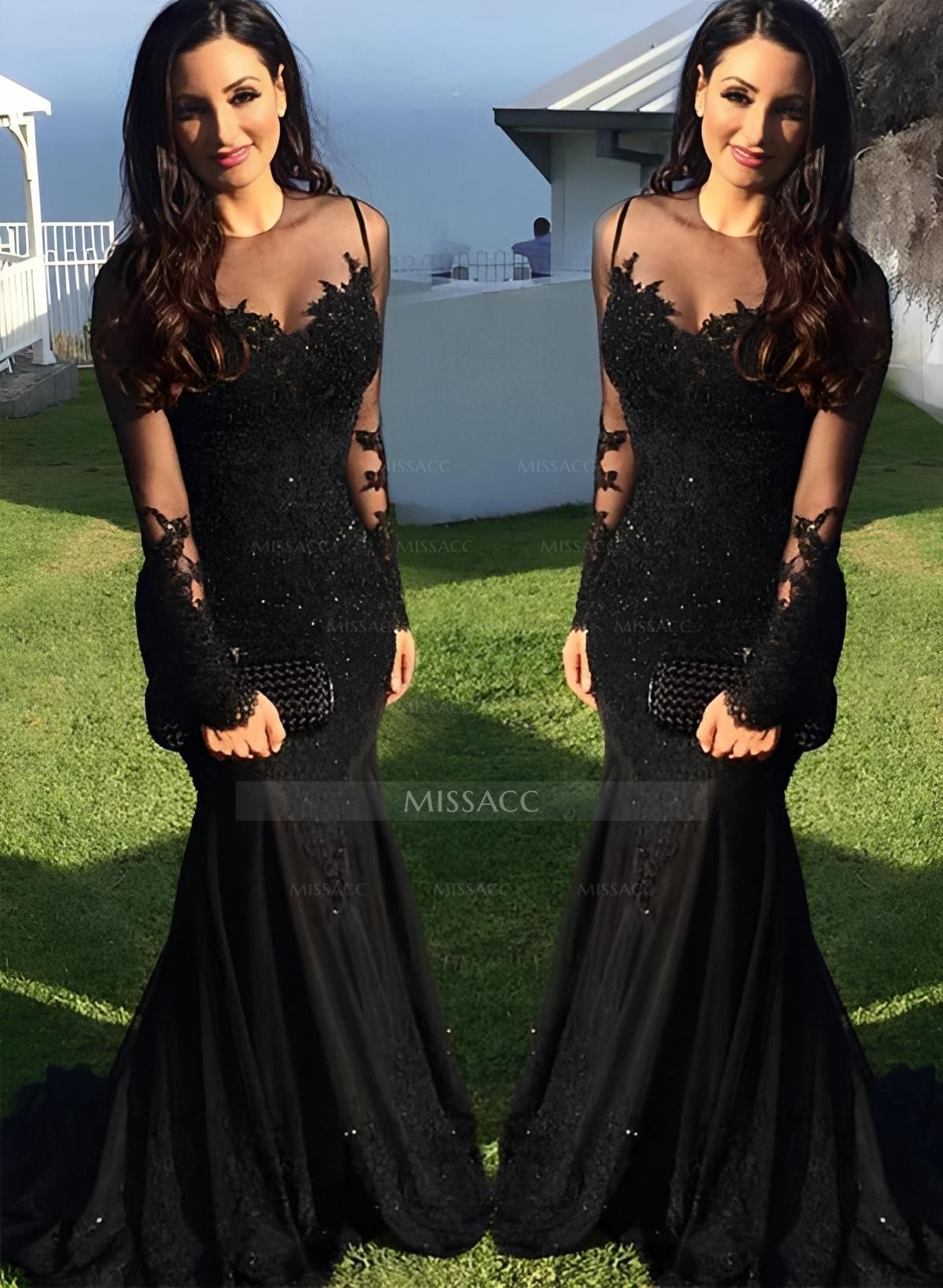 Trumpet/Mermaid Illusion Neck Sweep Train Prom Dresses With Appliques Lace