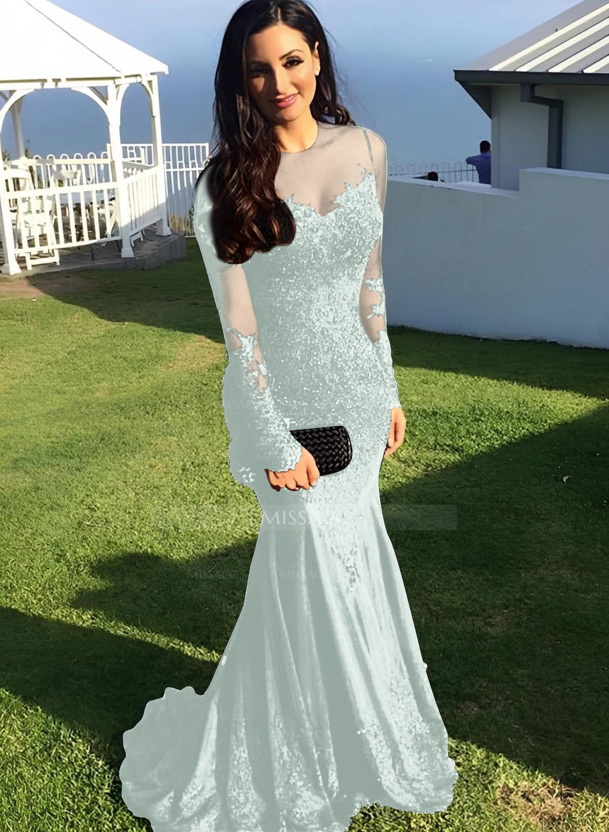 Trompeta/Sirena Escote De Ilusión Cola De Barrido Vestidos De Fiesta Con  Apliques De Encaje