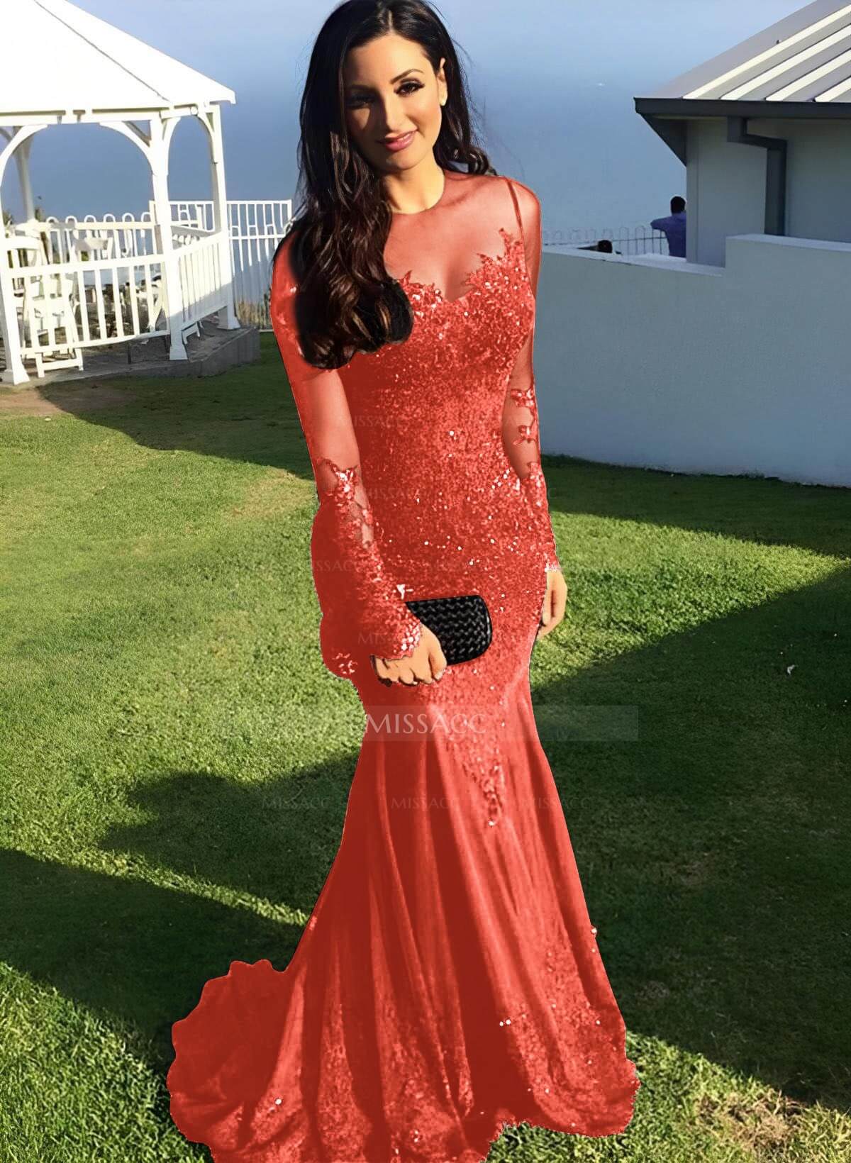 Trompeta/Sirena Escote De Ilusión Cola De Barrido Vestidos De Fiesta Con  Apliques De Encaje