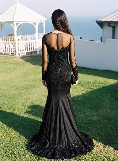 Trumpet/Mermaid Illusion Neck Sweep Train Evening Dresses With Appliques Lace