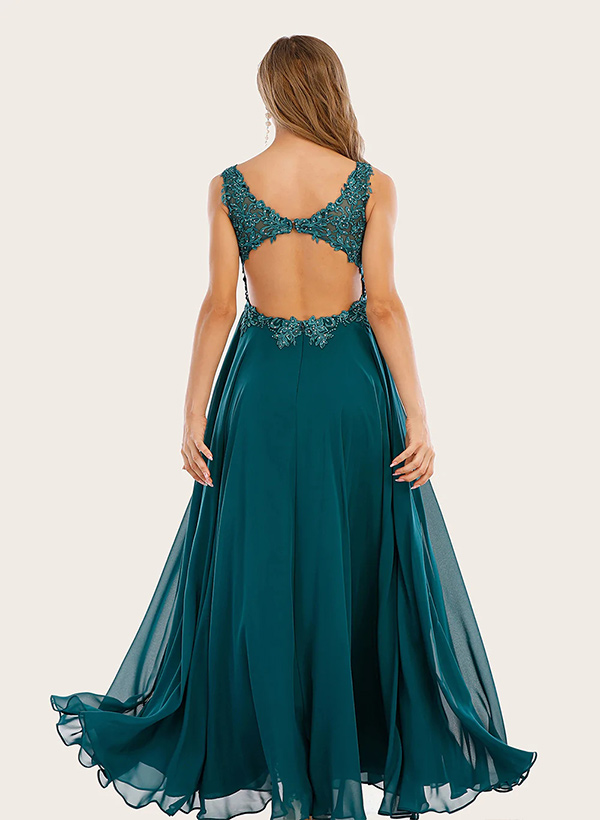 A-Line V-Neck Sleeveless Chiffon lace Floor-Length Prom Dress With Lace Split Front