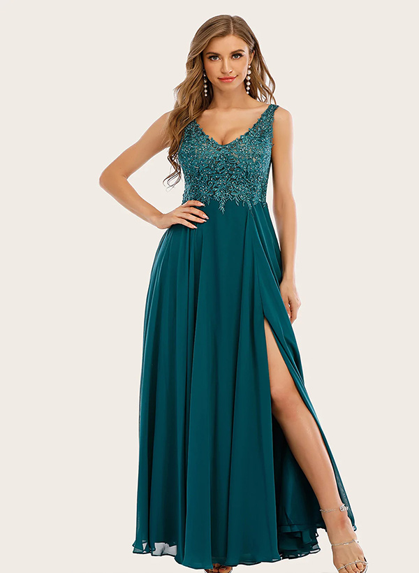 A-Line V-Neck Sleeveless Chiffon lace Floor-Length Prom Dress With Lace Split Front
