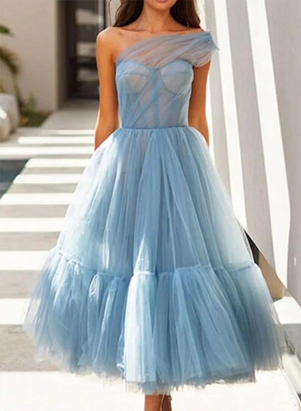 A-Line One-Shoulder Sleeveless Tea-Length Tulle Prom Dresses