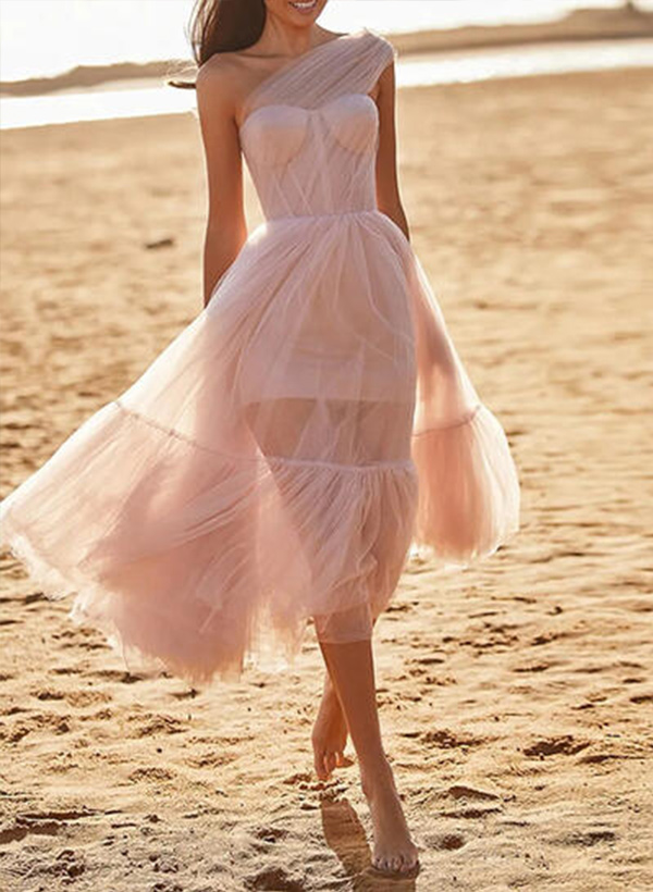 A-Line One-Shoulder Sleeveless Tea-Length Tulle Prom Dresses