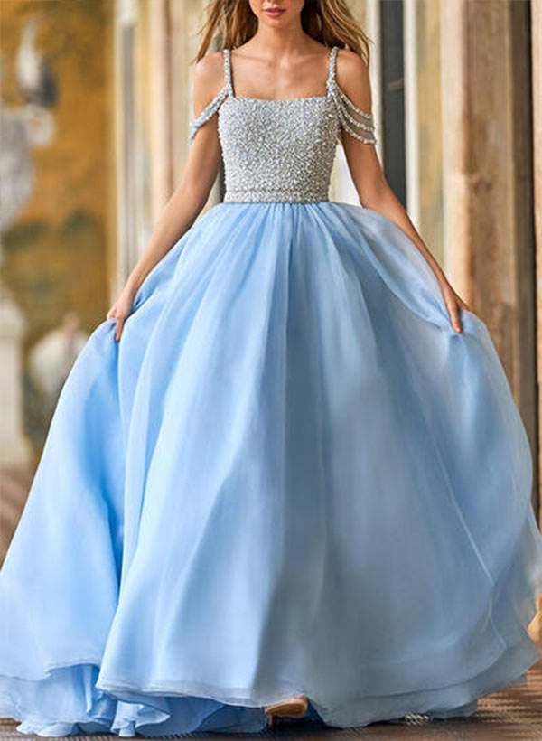 A-line Square Neckline Spaghetti Straps Floor-Length Prom Dress With Beading