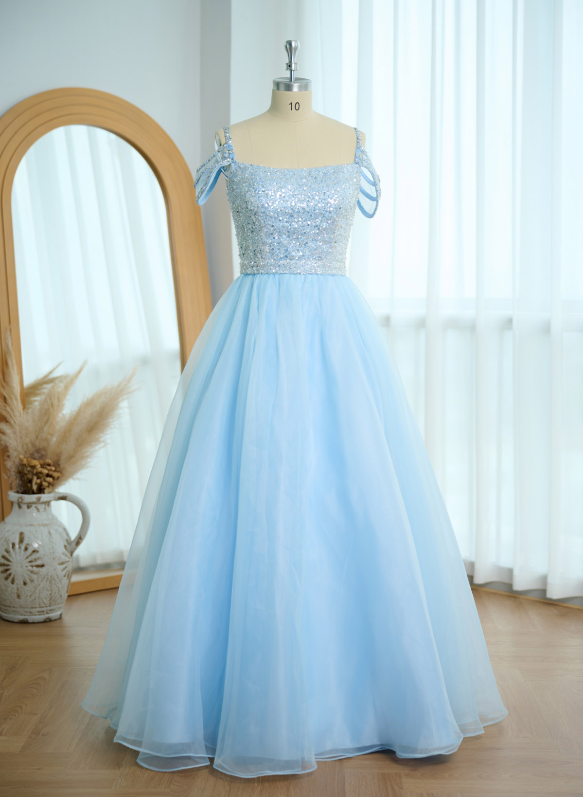 A-Line Square Neckline Spaghetti Straps Floor-Length Prom Dress With Beading