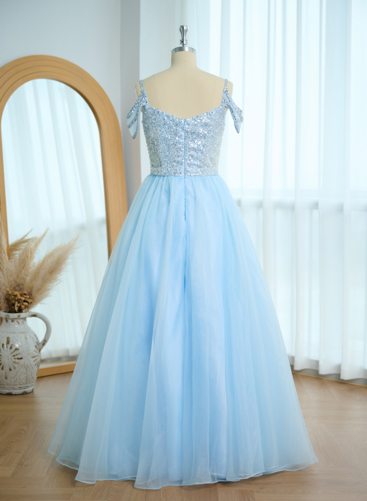 A-Line Square Neckline Spaghetti Straps Floor-Length Prom Dress With Beading