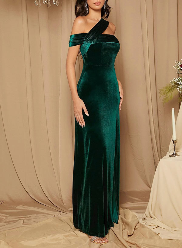 Sheath/Column One-Shoulder Velvet Floor-Length Prom Dress/Evening Dress With Split Front