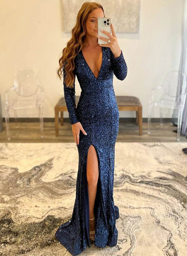 Sheath/Column V-neck Long Sleeves Sequined Sweep Train Prom Dress/Evening Dress With Sequins Split Front