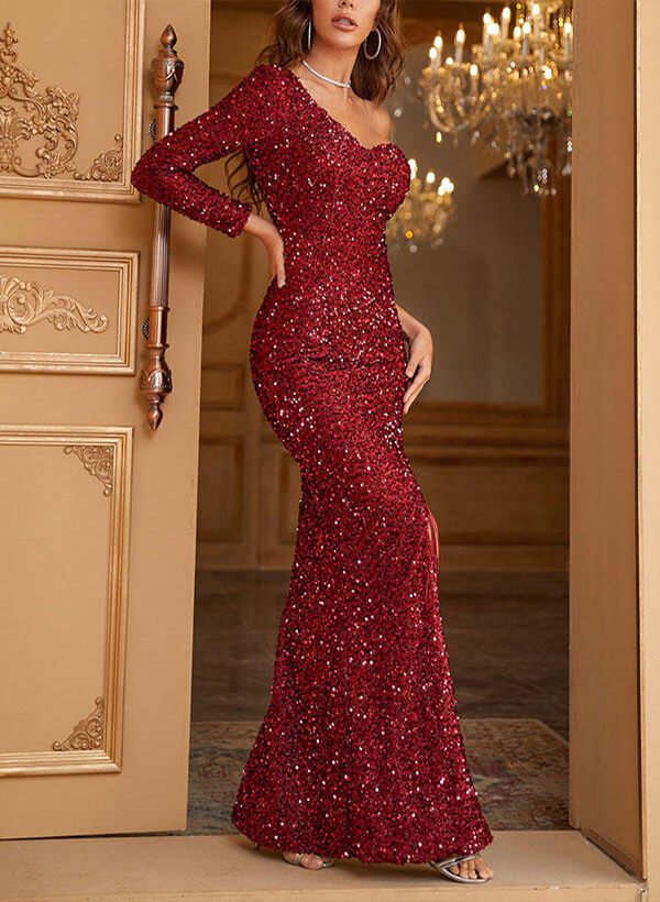 Sheath/Column One Shoulder Long Sleeves Sequined Floor-Length Burgundy Dress With Sequins Split Front