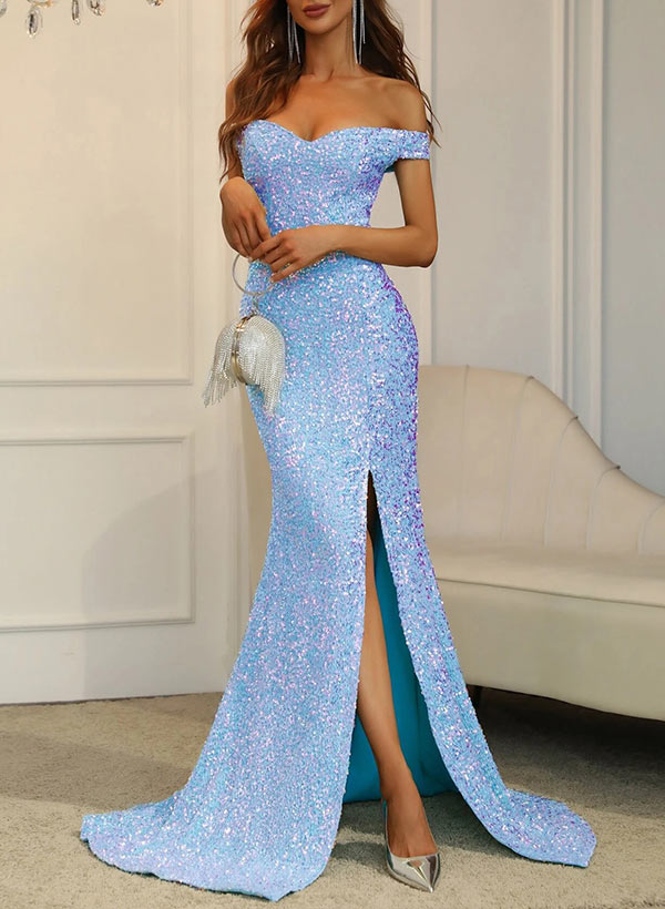 Sheath/Column Off-the-Shoulder Sequined Prom Dress With Split Front