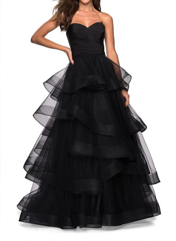 A-Line Sweetheart Floor-Length Tulle Prom Dress With Cascading Ruffles