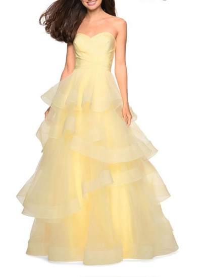 A-Line Sweetheart Floor-Length Tulle Prom Dress With Cascading Ruffles