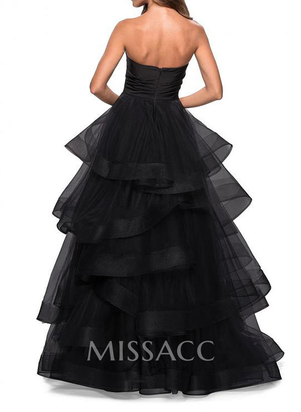 A-Line Sweetheart Floor-Length Tulle Prom Dress With Cascading Ruffles A-Line Sweetheart Floor-Length Tulle Prom Dress With Cascading Ruffles