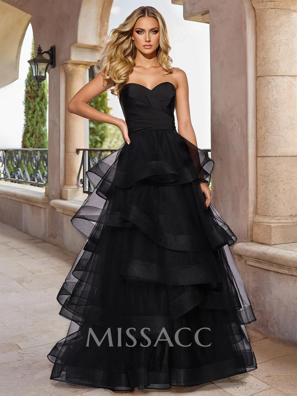 A-Line Sweetheart Floor-Length Tulle Prom Dress With Cascading Ruffles