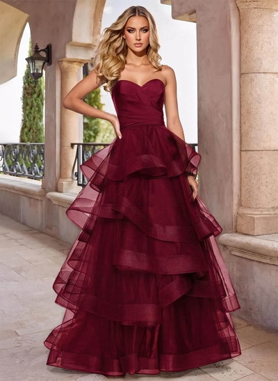 A-Line Sweetheart Floor-Length Tulle Prom Dress With Cascading Ruffles