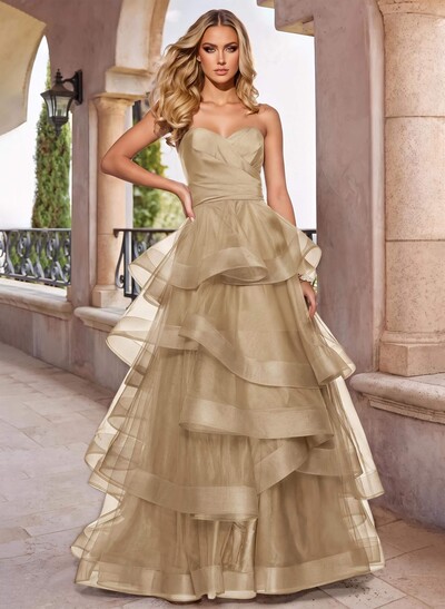 A-Line Sweetheart Floor-Length Tulle Prom Dress With Cascading Ruffles