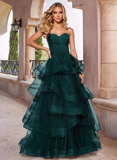A-Line Sweetheart Floor-Length Tulle Prom Dress With Cascading Ruffles