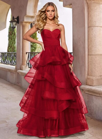 A-Line Sweetheart Floor-Length Tulle Prom Dress With Cascading Ruffles