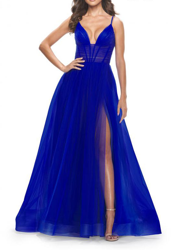 Ball-Gown/Princess V-Neck Floor-Length Tulle Prom Dress With Pleated