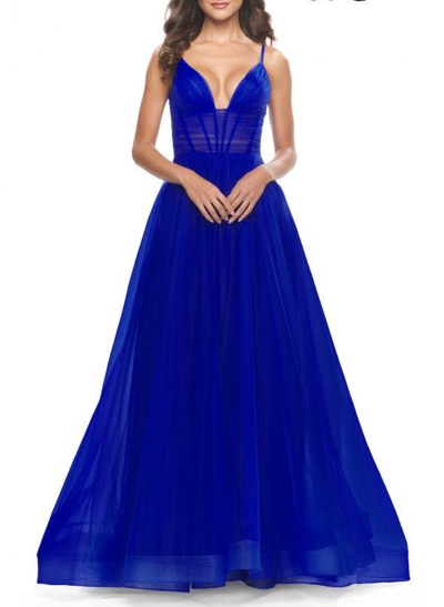 Ball-Gown/Princess V-Neck Floor-Length Tulle Prom Dress With Pleated