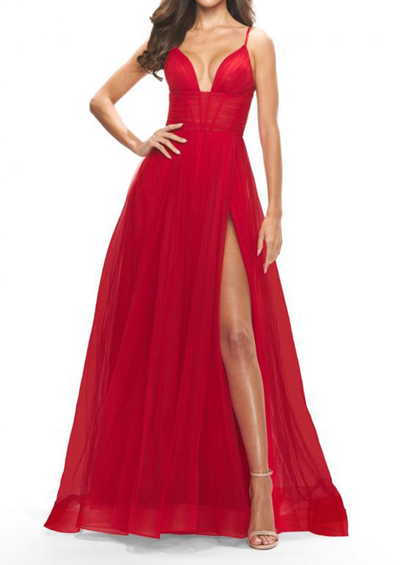Ball-Gown/Princess V-Neck Floor-Length Tulle Prom Dress With Pleated
