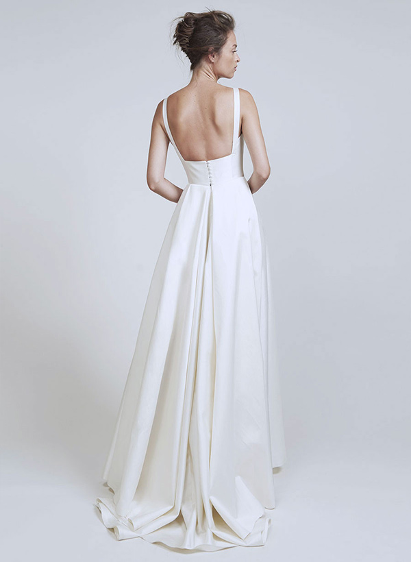 A-Line Sleeveless Square Neckline Satin Sweep Train Wedding Dresses With Pleated